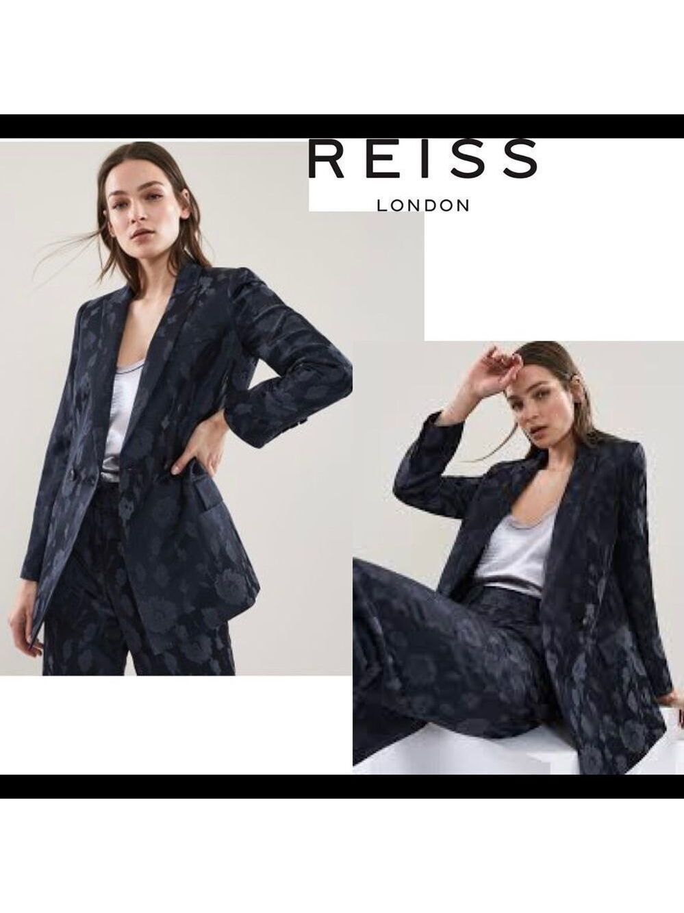 REISS Peony jacket jacquard double breasted blazer in navy Sz 6 NWOT
